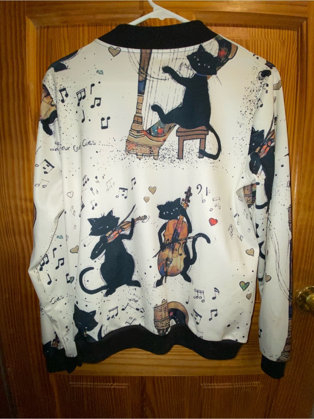 Light Weight Bomber Jacket White & Black with Black Cats playing Violen MEDIUM - Picture 2 of 3